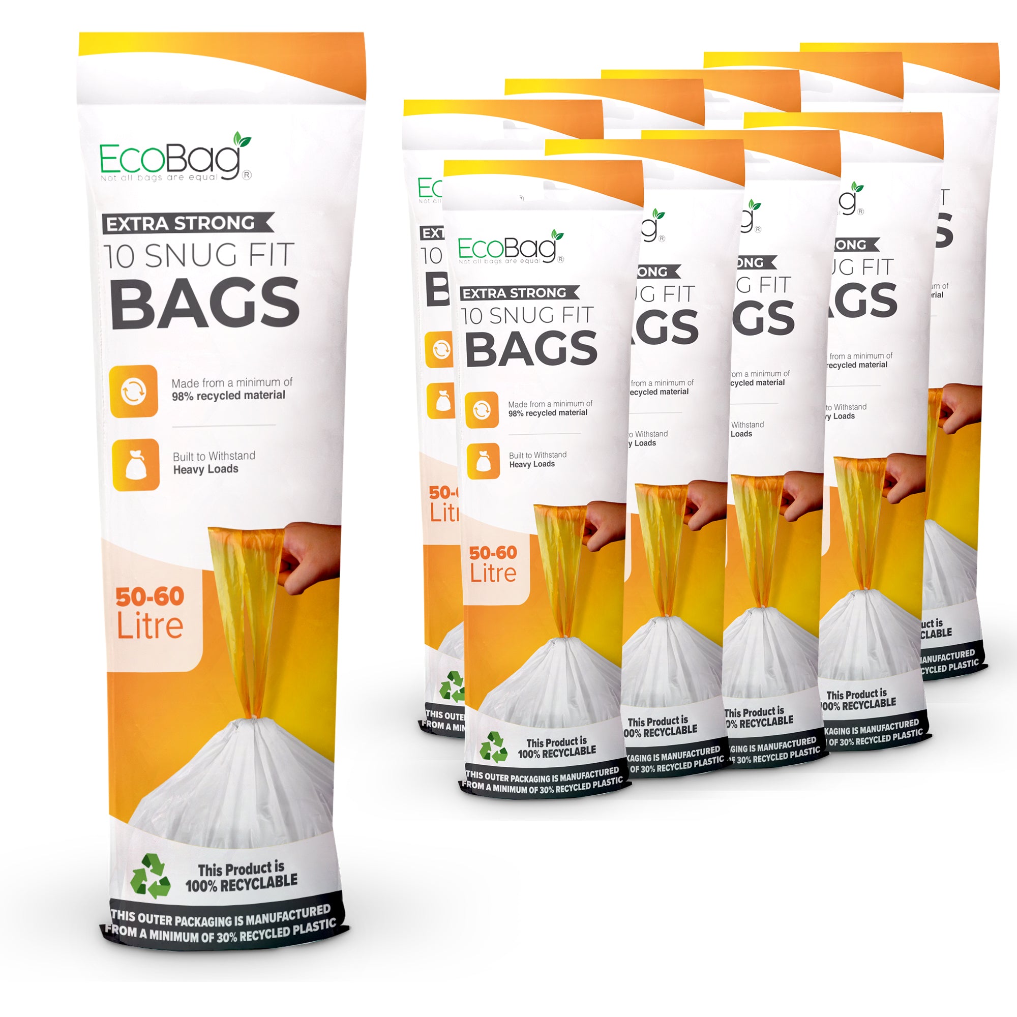 EcoBag - 100 Pack White Kitchen Drawstring Bin Liner - 50-60L - 28 Microns - Heavy Duty, Extra Strong, Brabantia Compatible, Eco-Friendly, Tear Resistant, Clear Recycling Bags (620 x 810mm)