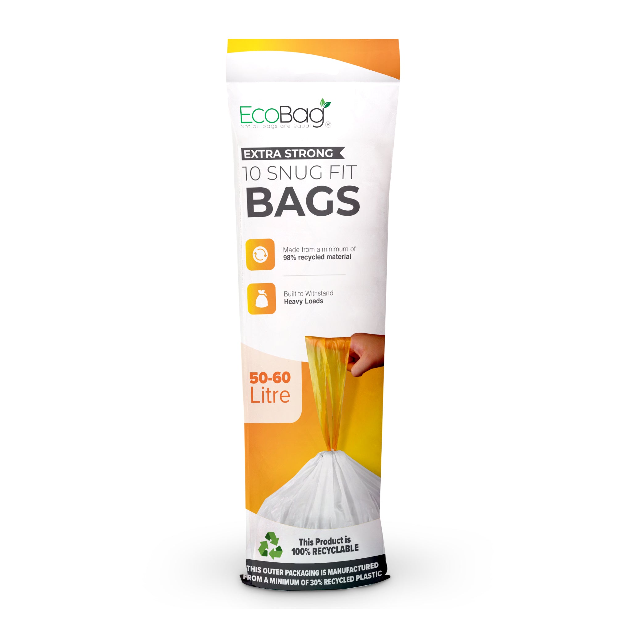 EcoBag - White Kitchen Drawstring Bin Liner - 60L - 28 Micron - Durable, Brabantia Compatible, Eco-Friendly, Tear Resistant, Clear Recycling Bags