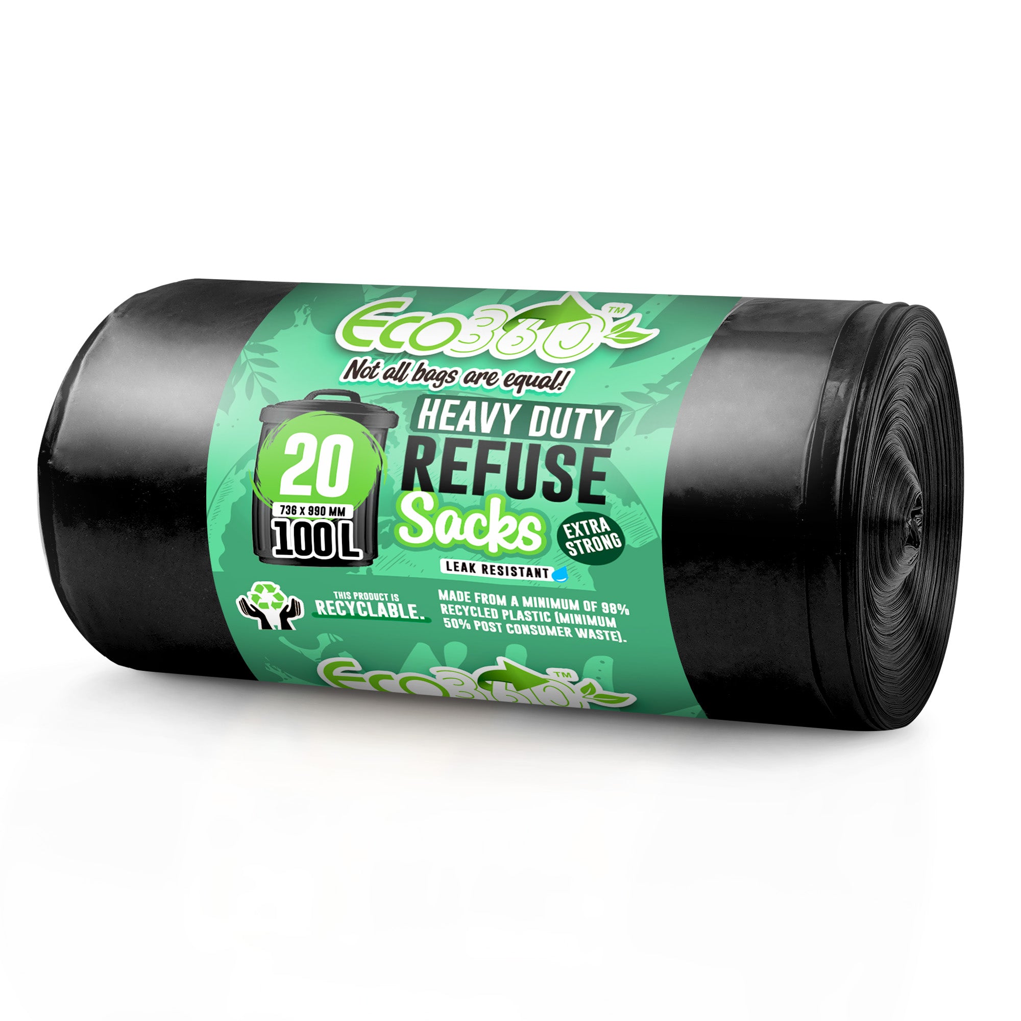 EcoBag - 20 Pack Extra Strong Heavy Duty Refuse Sacks - 100L - 35 MIcron - Recyclable, Leak Resistant, Eco-Friendly & Durable