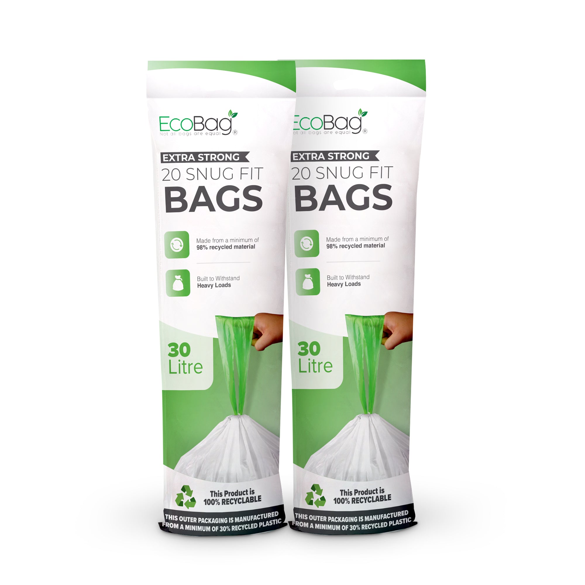 EcoBag - White Kitchen Drawstring Bin Liner - 30L - 25 Micron - Heavy Duty, Extra Strong, Brabantia Compatible, Eco-Friendly, Tear Resistant & Recyclable