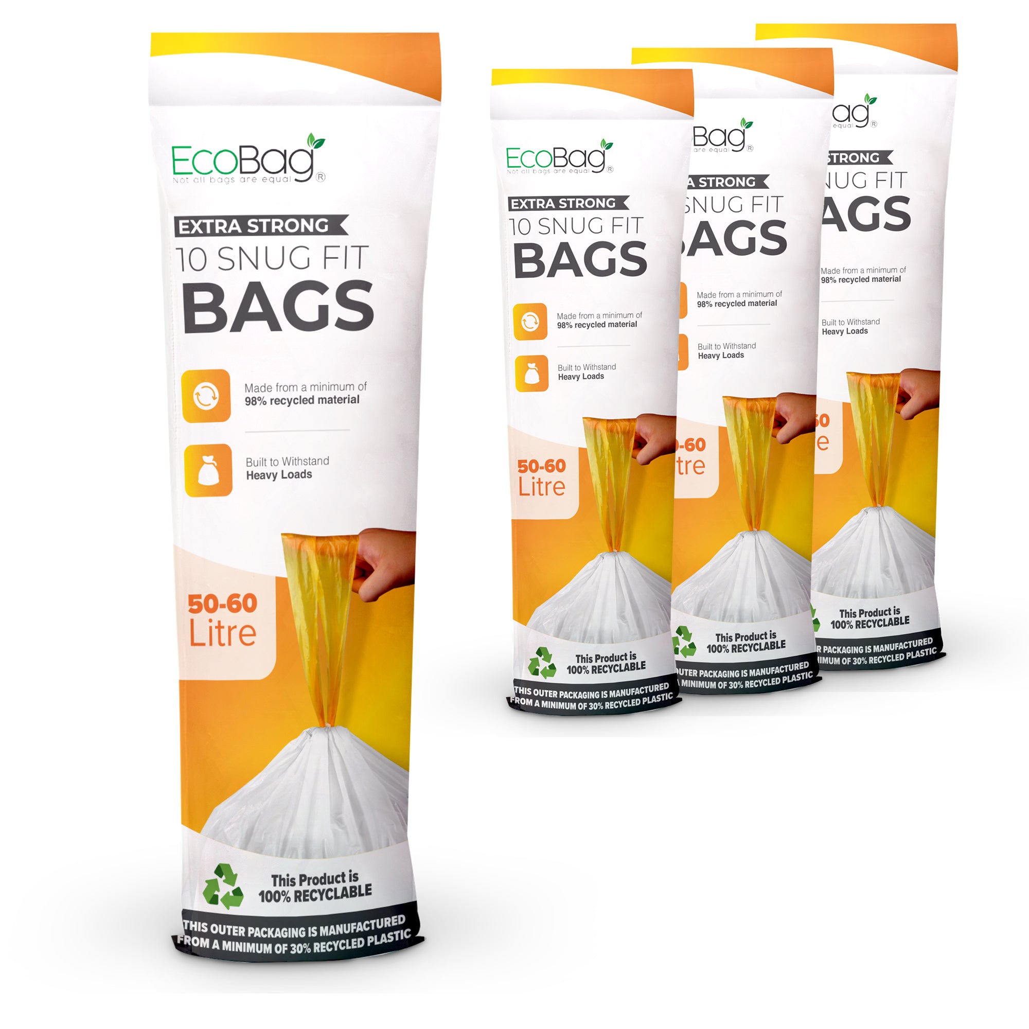 EcoBag - 40 Pack White Kitchen Drawstring Bin Liner - 50-60L - 28 Microns - Heavy Duty, Extra Strong, Brabantia Compatible, Eco-Friendly, Tear Resistant, Clear Recycling Bags (620 x 810mm)