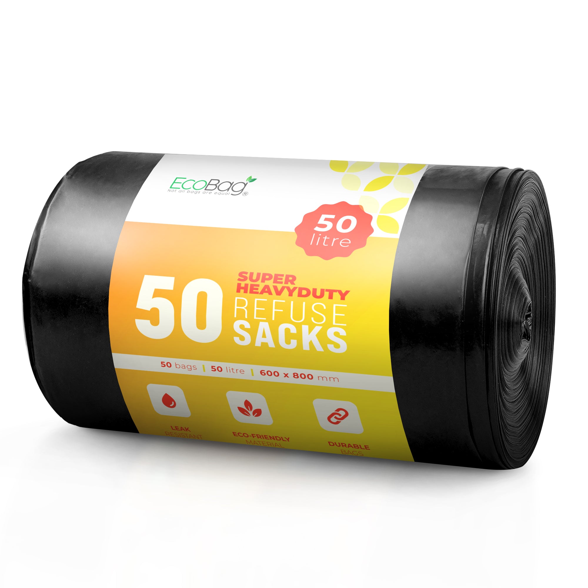 EcoBag - 50 Pack Extra Strong Heavy Duty Refuse Sacks - Recyclable Bin Bags, Leak Resistant, Eco-Friendly, Durable Waste Disposal Bags for Household & Commercial Use - 35 Micron - 50 L