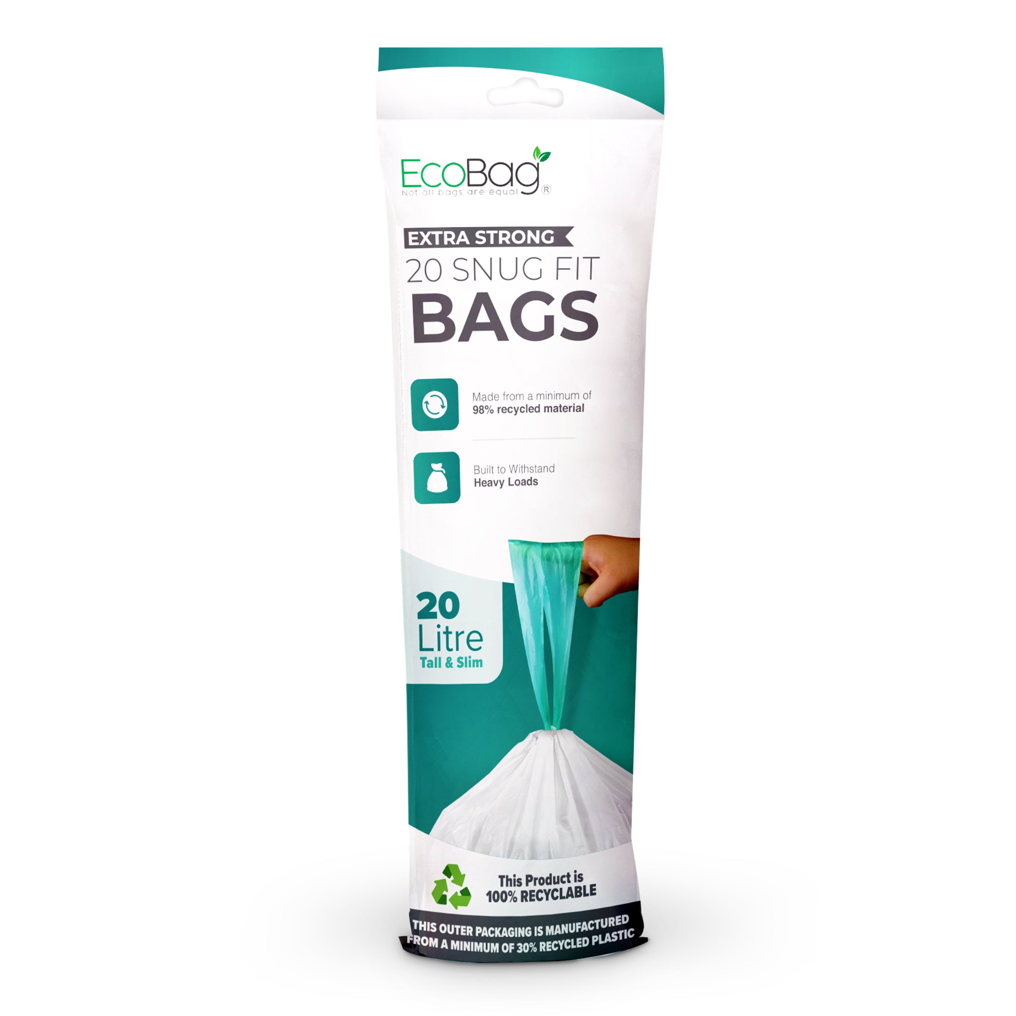 EcoBag - 20 Pack White Kitchen Drawstring Bin Liner - 20L - 24 Micron - Heavy Duty, Extra Strong, Brabantia Compatible, Eco-Friendly, Tear Resistant & Recyclable