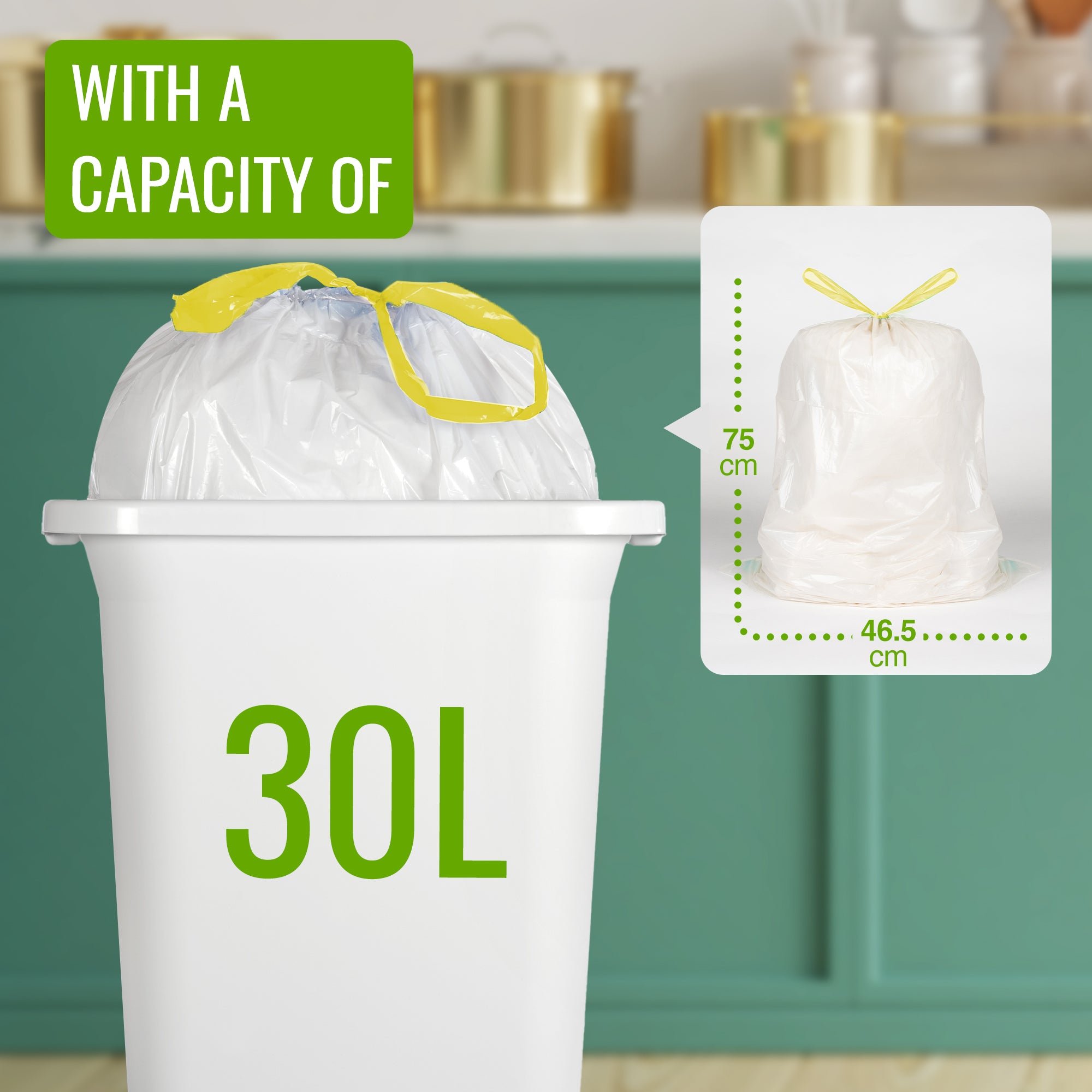EcoBag - White Kitchen Drawstring Bin Liner - 30L - 25 Micron - Heavy Duty, Extra Strong, Brabantia Compatible, Eco-Friendly, Tear Resistant & Recyclable