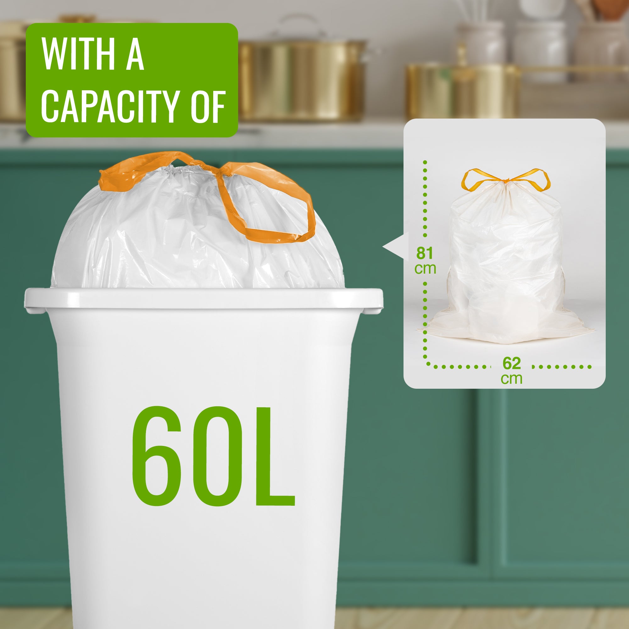 EcoBag - 100 Pack White Kitchen Drawstring Bin Liner - 50-60L - 28 Microns - Heavy Duty, Extra Strong, Brabantia Compatible, Eco-Friendly, Tear Resistant, Clear Recycling Bags (620 x 810mm)