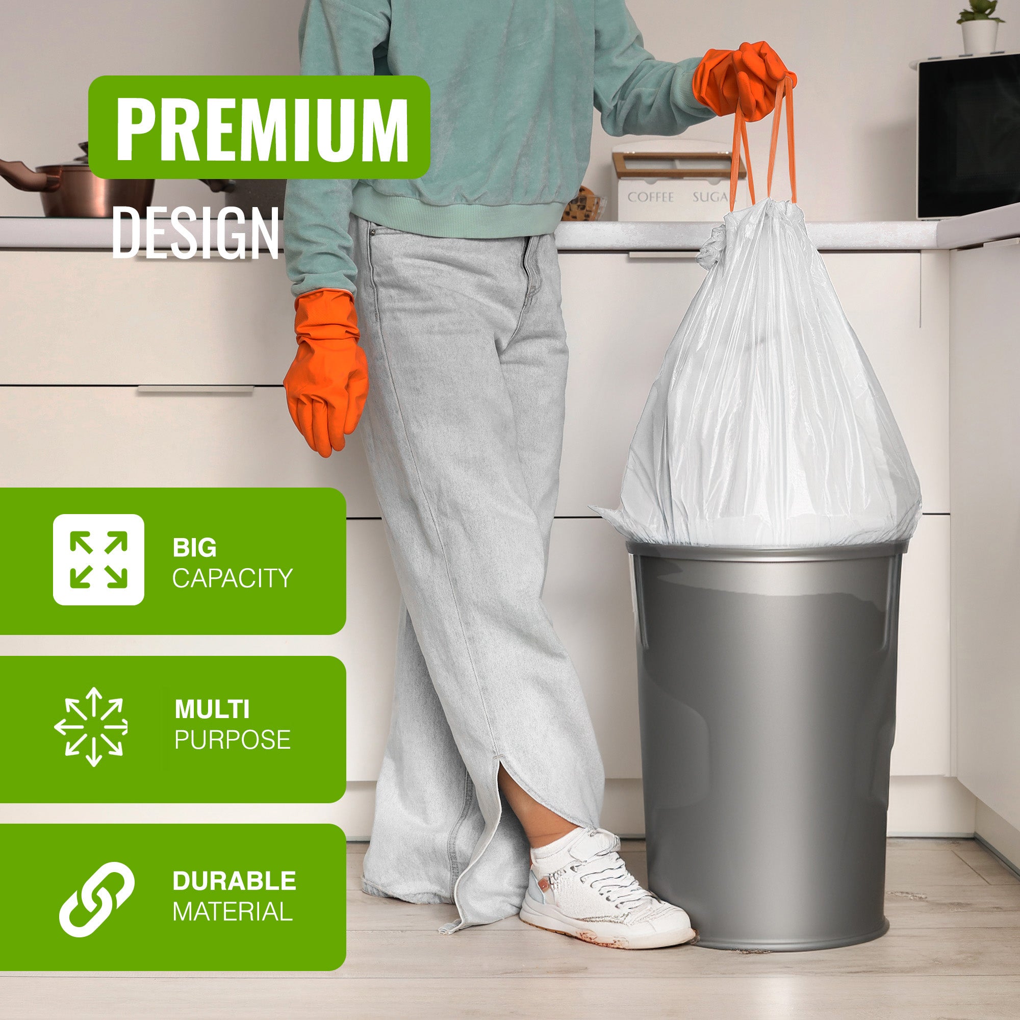 EcoBag - White Kitchen Drawstring Bin Liner - 60L - 28 Micron - Durable, Brabantia Compatible, Eco-Friendly, Tear Resistant, Clear Recycling Bags