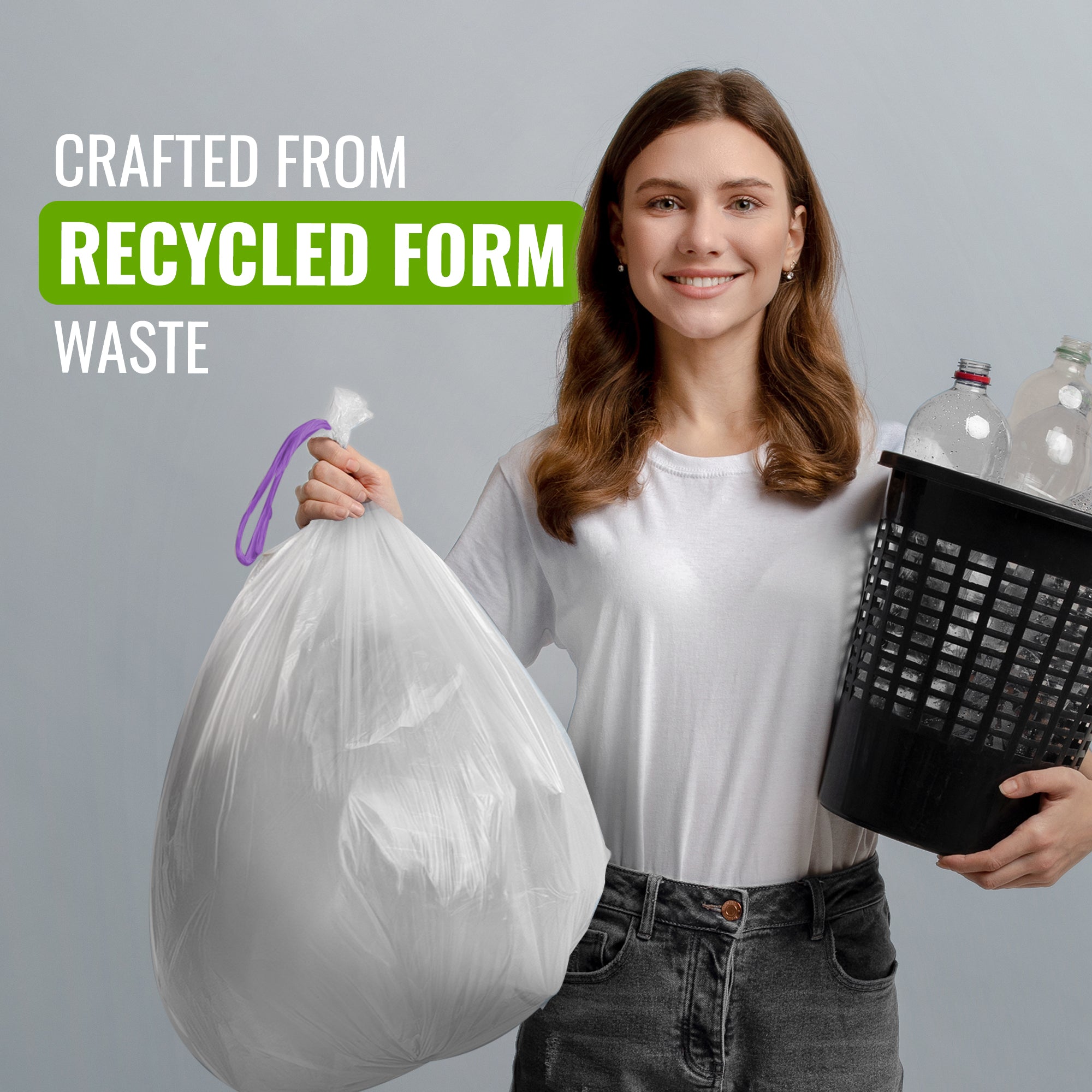 EcoBag - White Kitchen Drawstring Bin Liner - 60L - 28 Micron - Durable, Brabantia Compatible, Eco-Friendly, Tear Resistant, Clear Recycling Bags