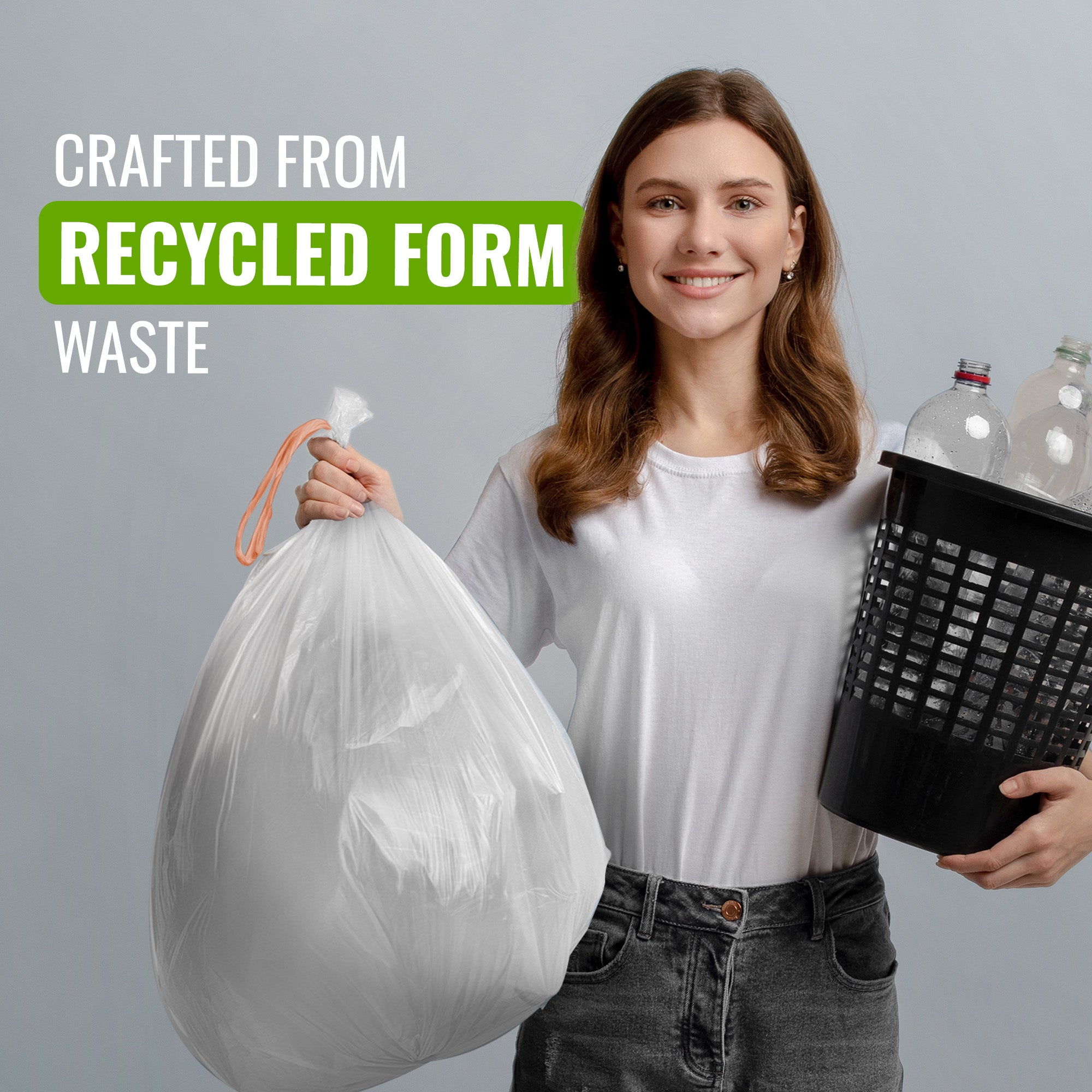 EcoBag - 40 Pack White Kitchen Drawstring Bin Liner - 50-60L - 28 Microns - Heavy Duty, Extra Strong, Brabantia Compatible, Eco-Friendly, Tear Resistant, Clear Recycling Bags (620 x 810mm)